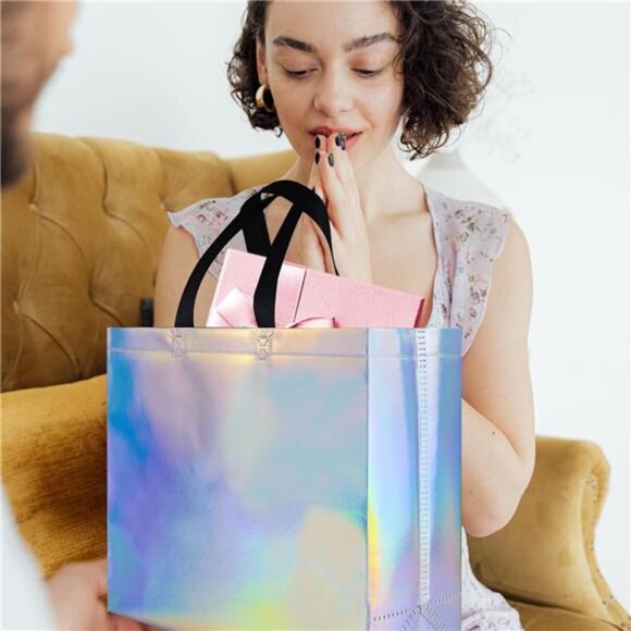 Glossy Iridescent Gift Bags 15 Pcs, 12.6x4.7x11 In Non-woven Reusable Goodie Bag - Picture 6 of 7